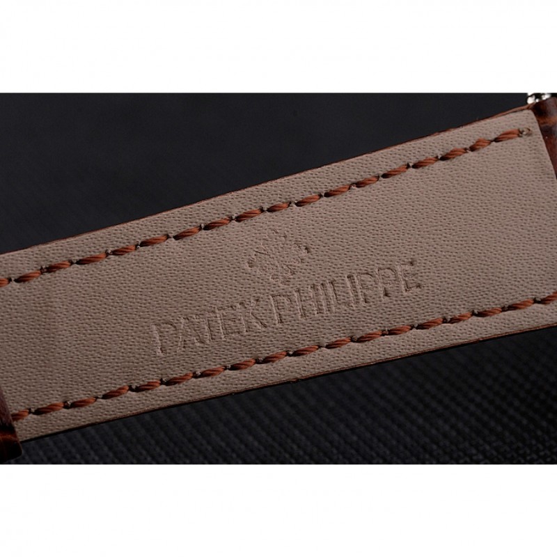 Cheap Patek Philippe Calatrava Date White Embossed Dial Stainless Steel Case Brown Leather Strap-6