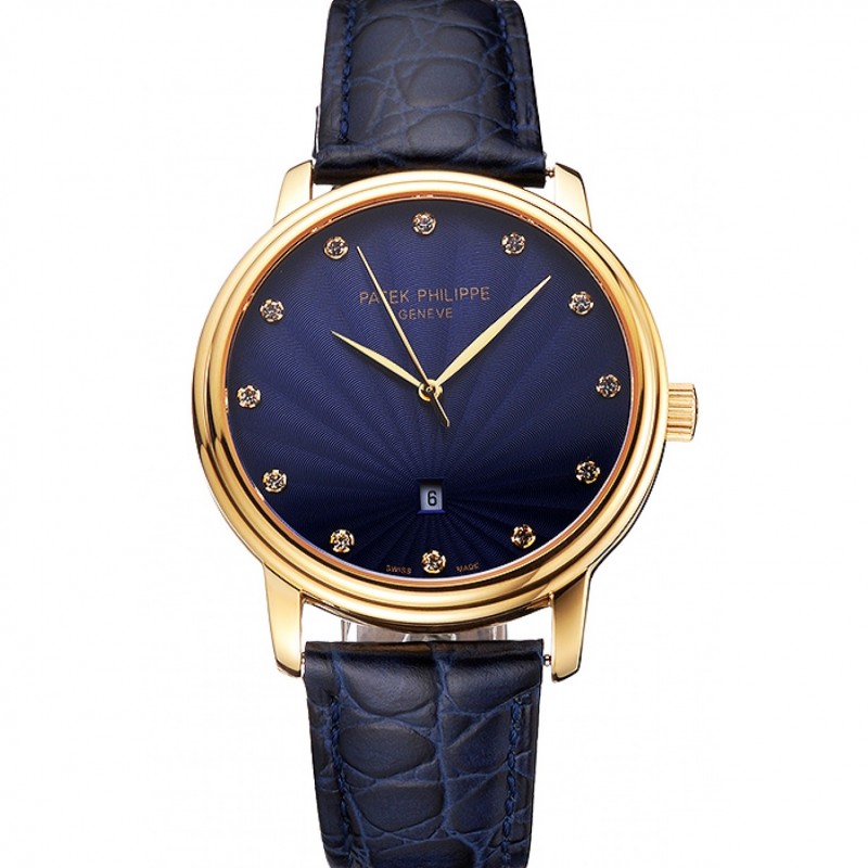 Patek Philippe Calatrava Date Blue Guilloche Dial Gold Case Blue Leather Strap-0