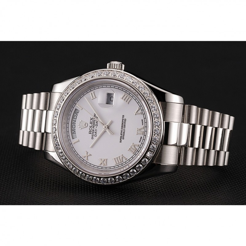 Cheap Swiss Rolex Day-Date White Dial Diamond Case Stainless Steel Bracelet 1453967-3