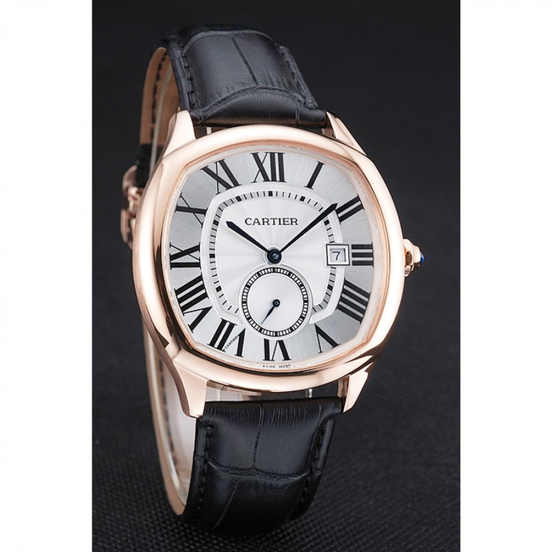 Cartier Drive De Cartier White Dial Gold Case Black Leather Bracelet 1454212-2