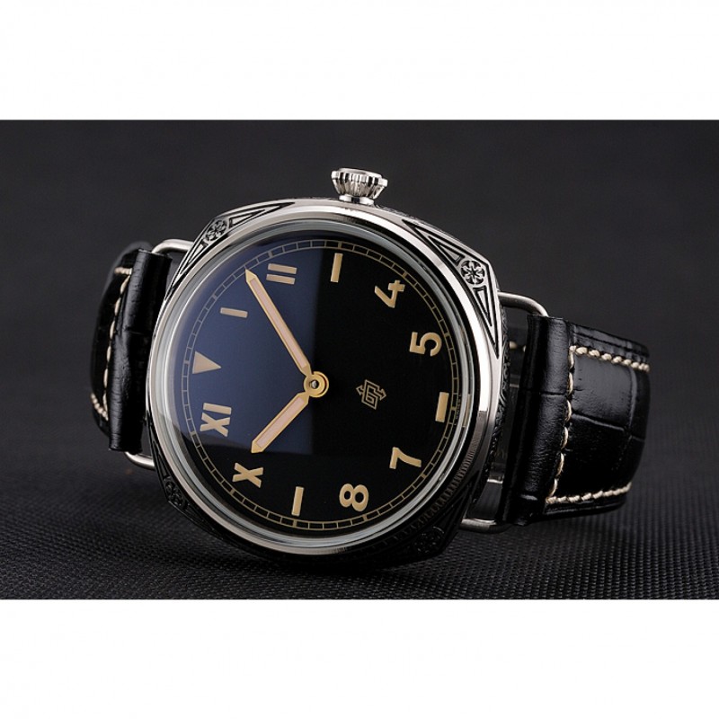 SS Panerai Radiomir Firenze PAM604 Black Dial Roman Numerals Engraved Stainless Steel Case Black Leather Strap-3