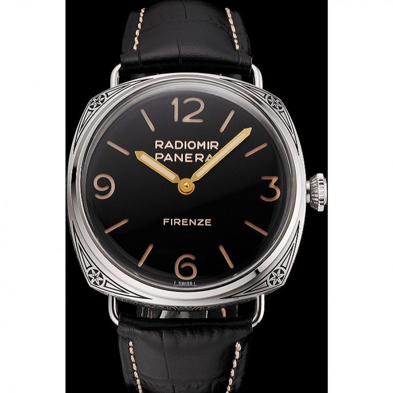 SS Replica Watches Panerai Radiomir Firenze 3 Days Acciaio PAM604 Black Dial Engraved Stainless Stell Case Black Leather Strap-1