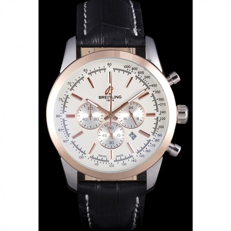 Breitling Transocean White Dial Black Leather Strap Rose Gold Bezel 98205-1