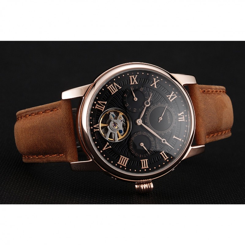 Best Patek Philippe Grand Complications Day Date Tourbillon Black Dial Rose Gold Case Brown Suede Leather Strap 1453814-3