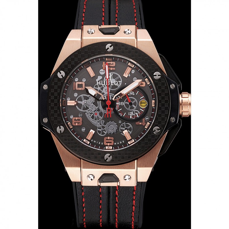 SS Replica Watches Hublot Big Bang Ferrari Silver Dial Carbon Bezel Gold Case Black Leather Strap 622769-1