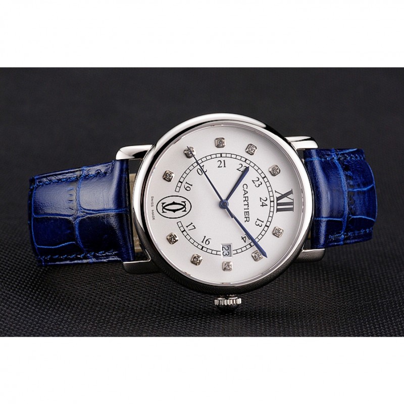 Cartier Ronde Solo White Dial Diamond Hour Marks Stainless Steel Case Blue Leather Strap-3