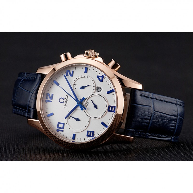 AAA Replica Watches Omega Chronograph White Dial Rose Gold Case Blue Leather Strap-4