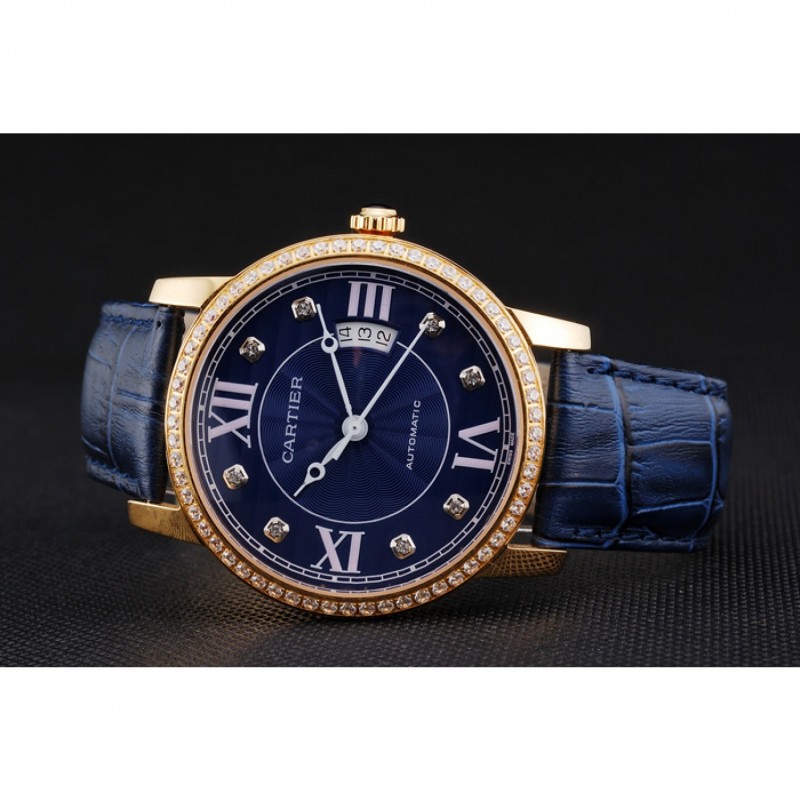 High End Replica Watches Swiss Cartier Ronde Solo Blue Dial Gold Diamond Case Blue Leather Strap-3