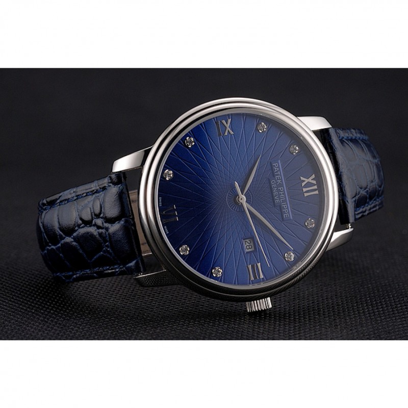 Patek Philippe Calatrava Date Blue Dial Stainless Steel Case Blue Leather Strap-4