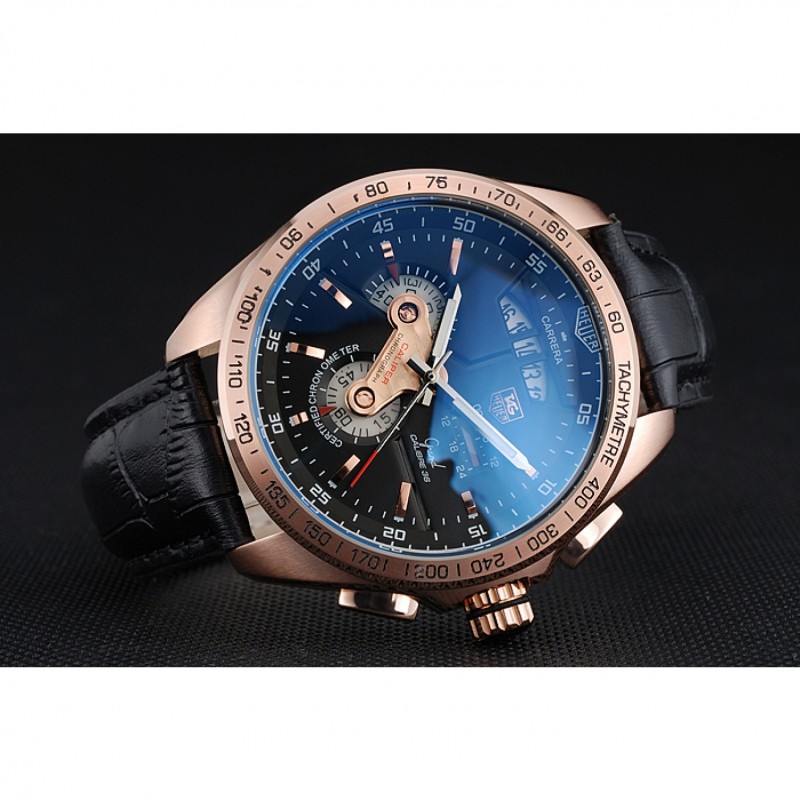 Tag Heuer Carrera Rose Gold Bezel with Black Dial and Black Leather Strap 621538-2