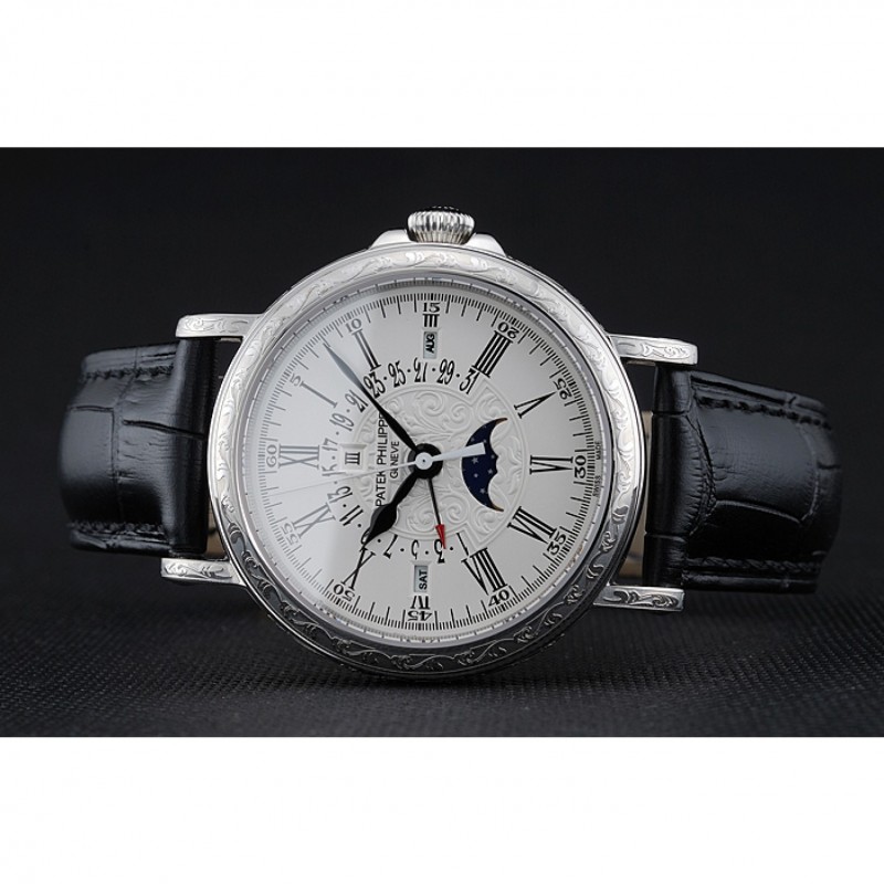 Patek Philippe Perpetual Calendar Retrograde Date White Dial Engraved Silver Case Black Leather Bracelet 1454147-4
