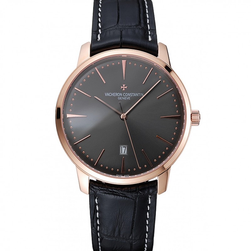 High End Replica Watches Swiss Vacheron Constantin Patrimony Grey Dial Rose Gold Case Black Leather Bracelet 1454167-0