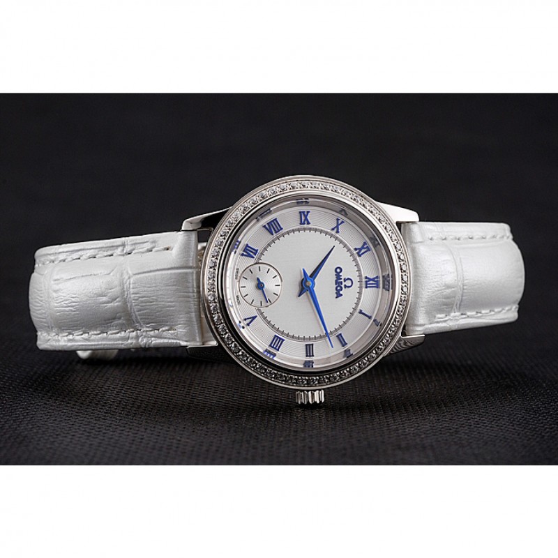 Omega De Ville Prestige Small Seconds White Dial Diamond Bezel Stainless Steel Case White Leather Strap-4