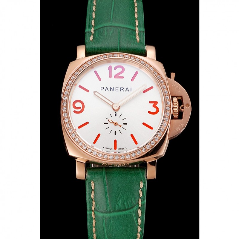 Panerai Radiomir White Dial Diamond Bezel Rose Gold Case Green Leather Strap 1453803-1