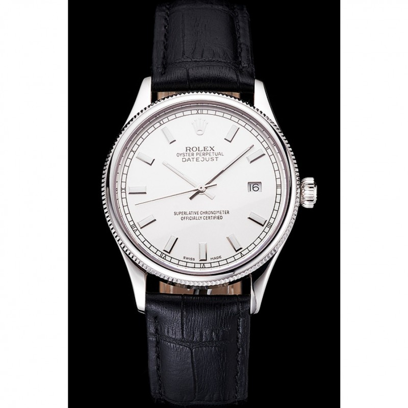 Swiss Rolex Datejust White Dial Stainless Steel Case Black Leather Strap-1