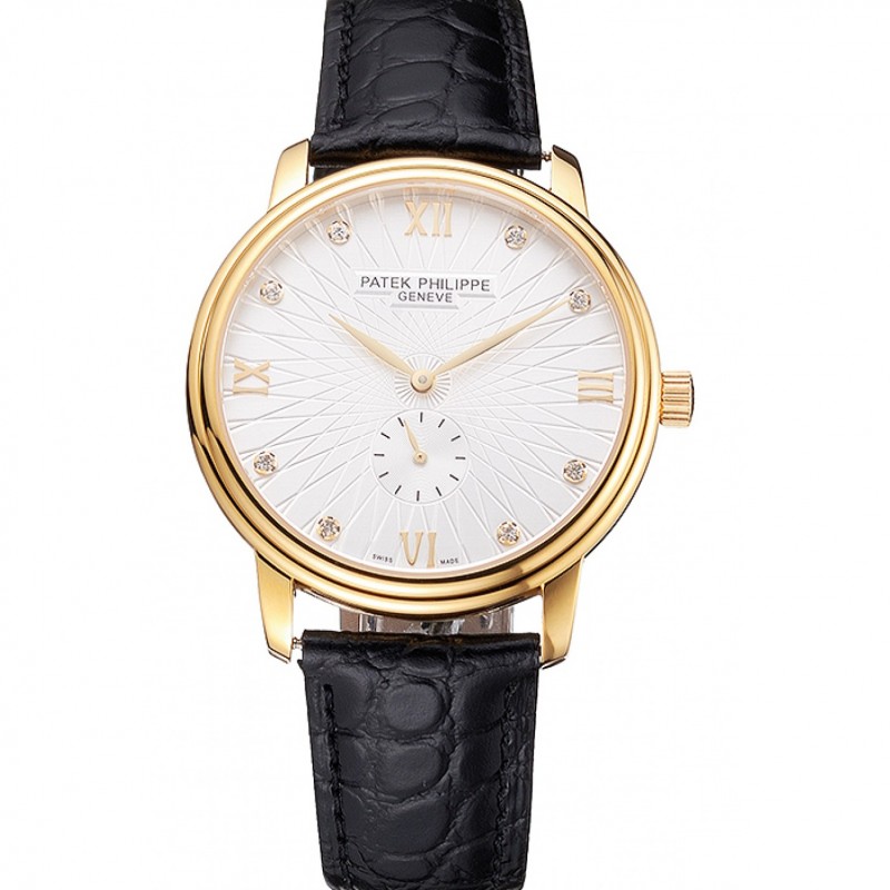 Patek Philippe Calatrava White Embossed Dial Gold Case Black Leather Strap-0