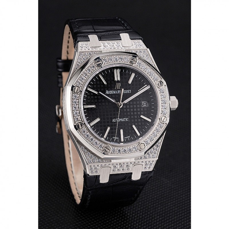 Swiss Audemars Piguet Royal Oak Black Dial Steel Case With Diamonds Black Leather Strap-2