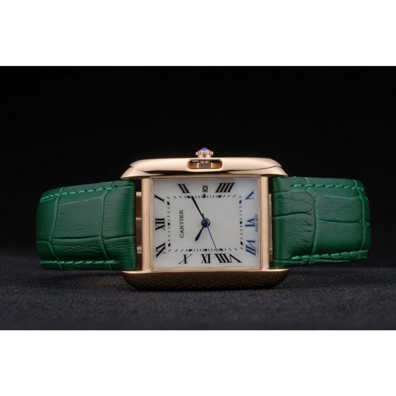 Cartier Tank Anglaise 30mm White Dial Gold Case Green Leather Bracelet-4