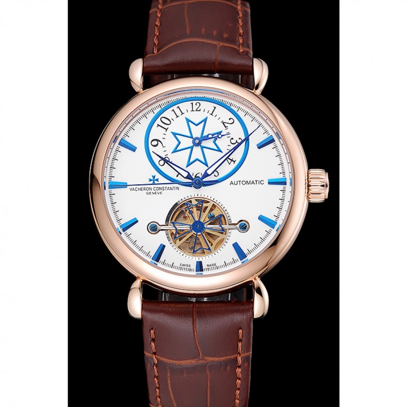 Vacheron Constantin Traditionnelle Tourbillon White Dial Blue Hourmarks Gold Case Brown Leather Bracelet 1454059-1