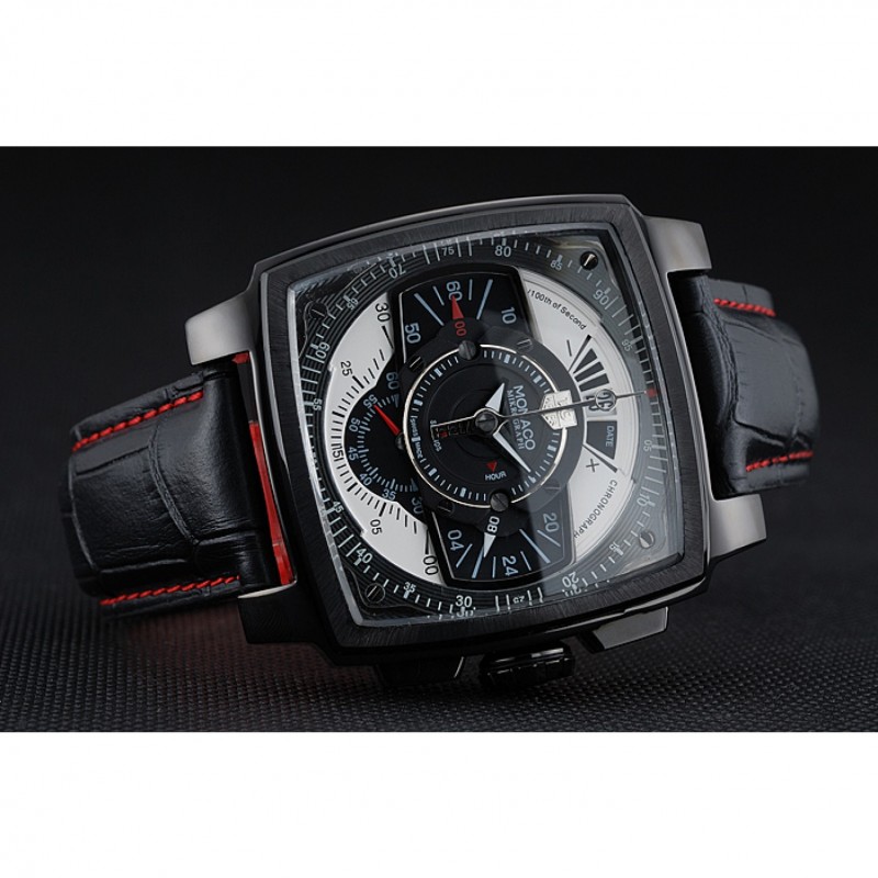 High Quality Tag Heuer Monaco Black-Red Perforated Leather Strap Black Dial 80309-3