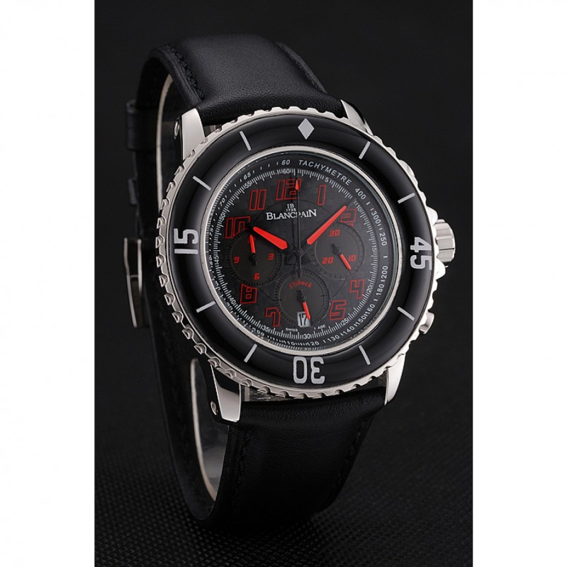 Blancpain Fifty Fathoms Speed Command Carbon Fiber Dial With Red Markings Stainless Steel Case Black Leather Strap 1453774-2