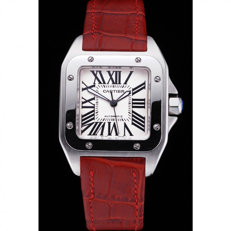 SS Replica Watches Swiss Cartier Santos White Dial Stainless Steel Case Red Leather Bracelet 622551-1