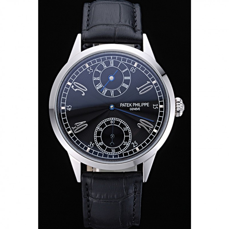 Patek Philippe Geneve Two Dial Black Dial Stainless Steel Bezel Black Leather Band 622145-1