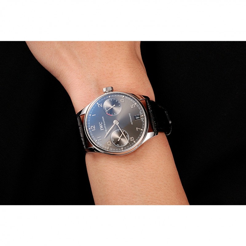 Swiss IWC Portuguese Black Dial Black Subdials Silver Case Black Leather Bracelet 1453906-8