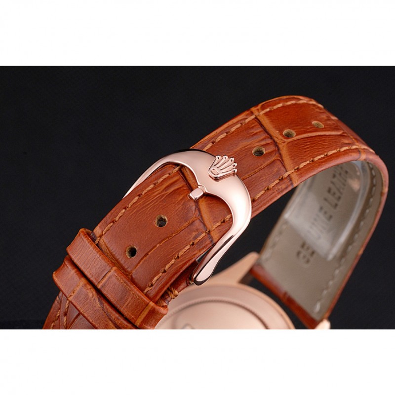 Swiss Rolex Cellini White Dial Rose Gold Case Brown Leather Strap-5