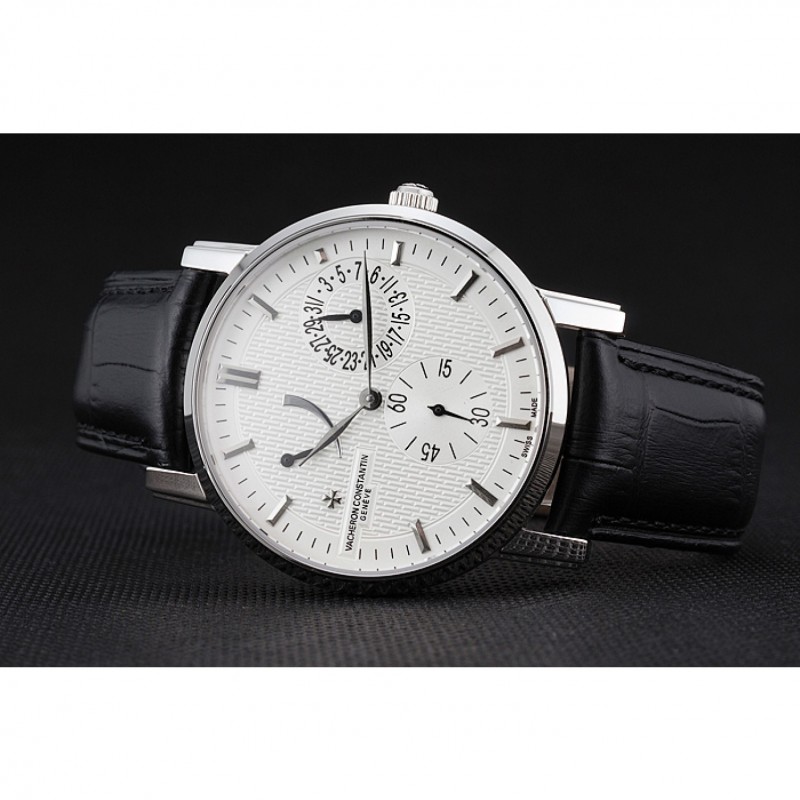 Swiss Vacheron Constantin Patrimony Quantieme Reserve De Marche Cream Dial Stainless Steel Case Black Leather Strap-3
