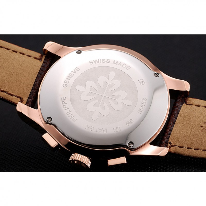 Patek Philippe Chronograph White Dial Rose Gold Case Brown Leather Strap-7