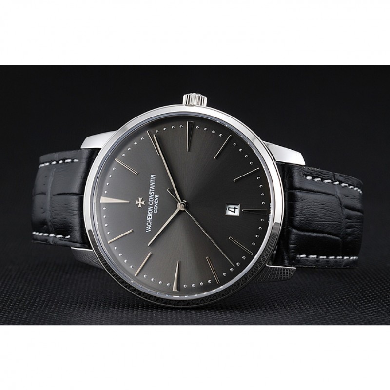 Swiss Vacheron Constantin Patrimony Grey Dial Silver Case Black Leather Bracelet 1454160-3