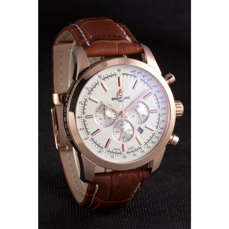 Breitling Transocean White Dial Brown Leather Strap Rose Gold Bezel-1