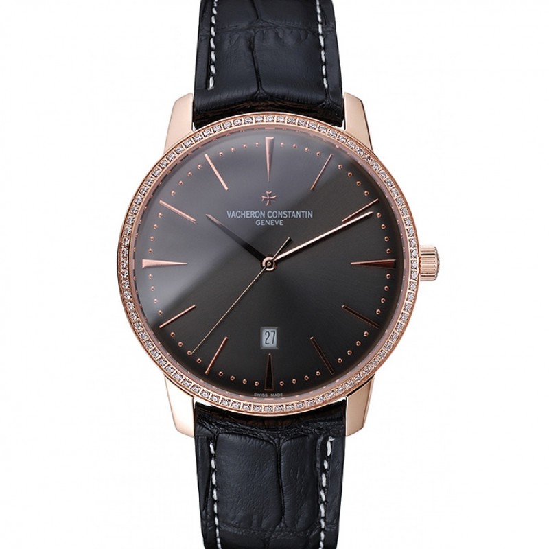 High End Replica Watches Swiss Vacheron Constantin Patrimony Grey Dial Gold Diamonds Case Black Leather Bracelet 1454173-0