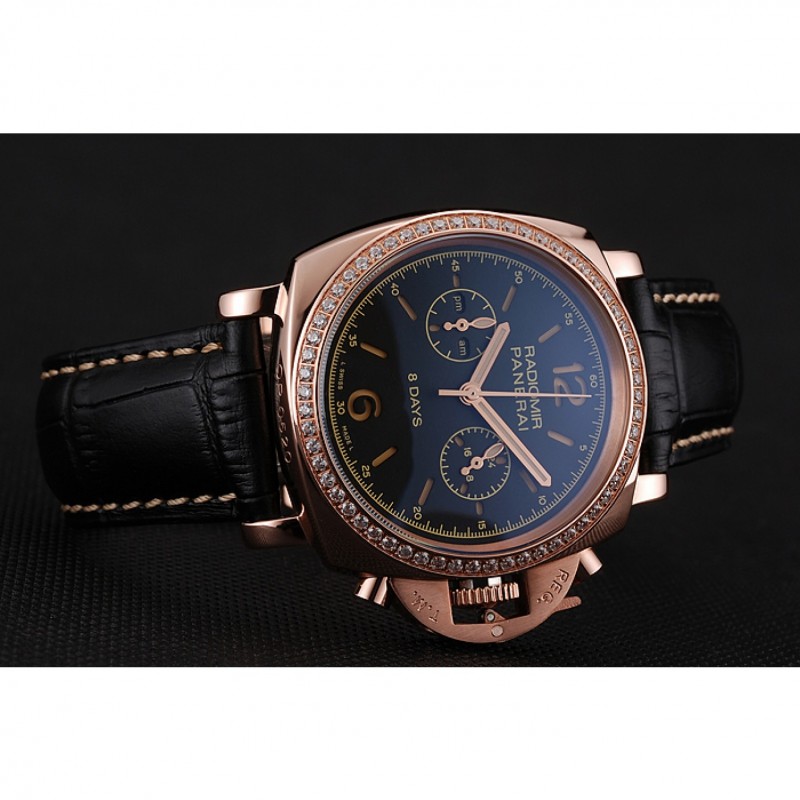 Panerai Radiomir 8 Days Chronograph Black Dial Diamond Bezel Rose Gold Case Black Leather Strap 1453798-3