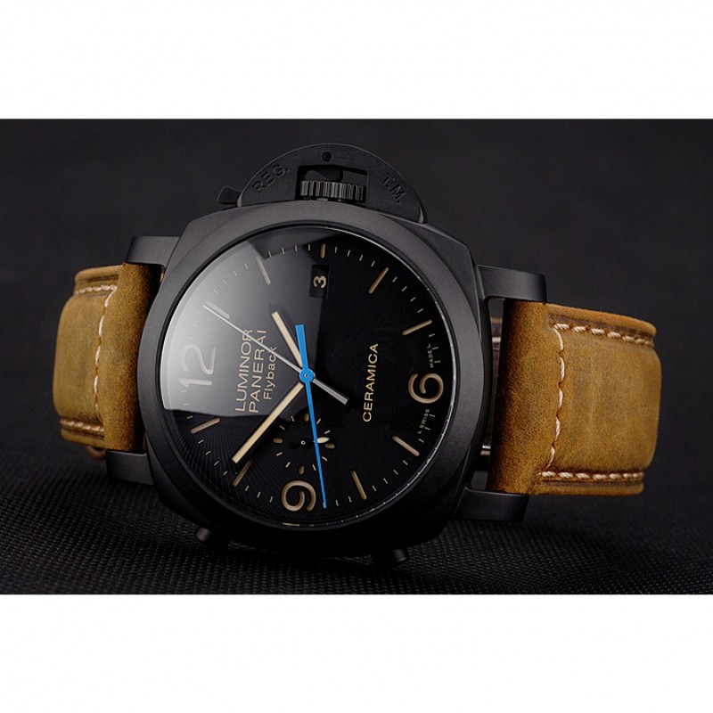 Swiss Panerai Luminor Ceramica Flyback Chronograph Black Dial Black Case Brown Leather Strap-4
