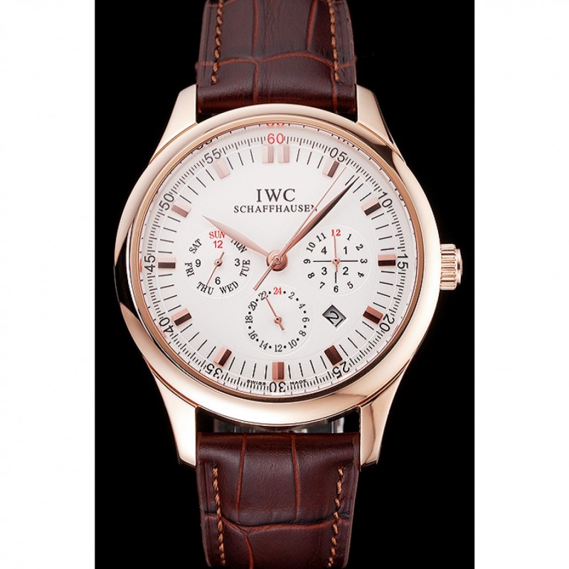 Swiss IWC Portugieser Perpetual Calendar White Dial Rose Gold Case Brown Leather Strap-1