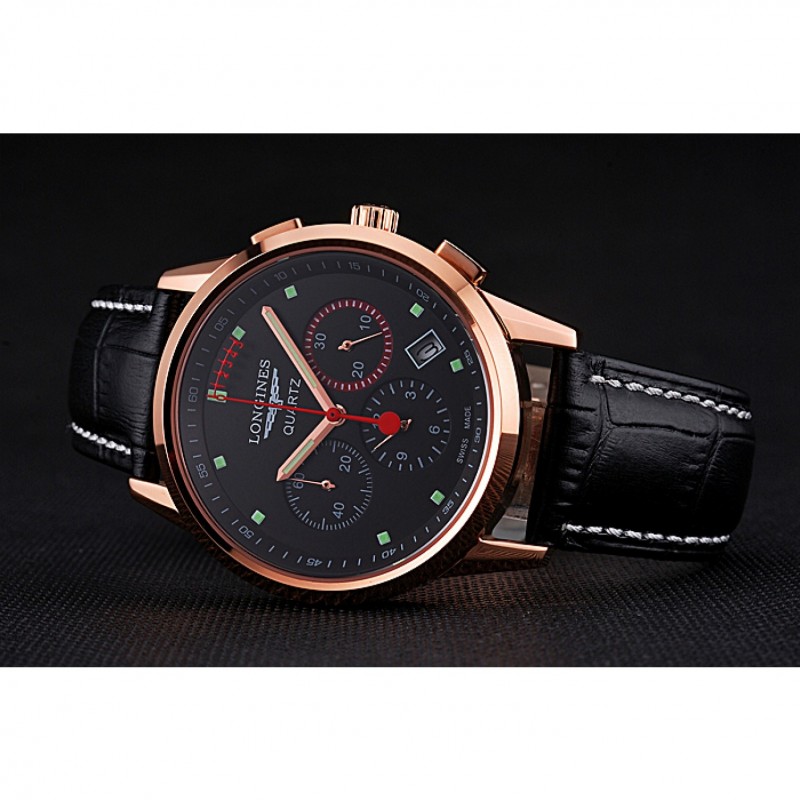 Longines Column Wheel Black Dial Gold Case Black Leather Strap-4