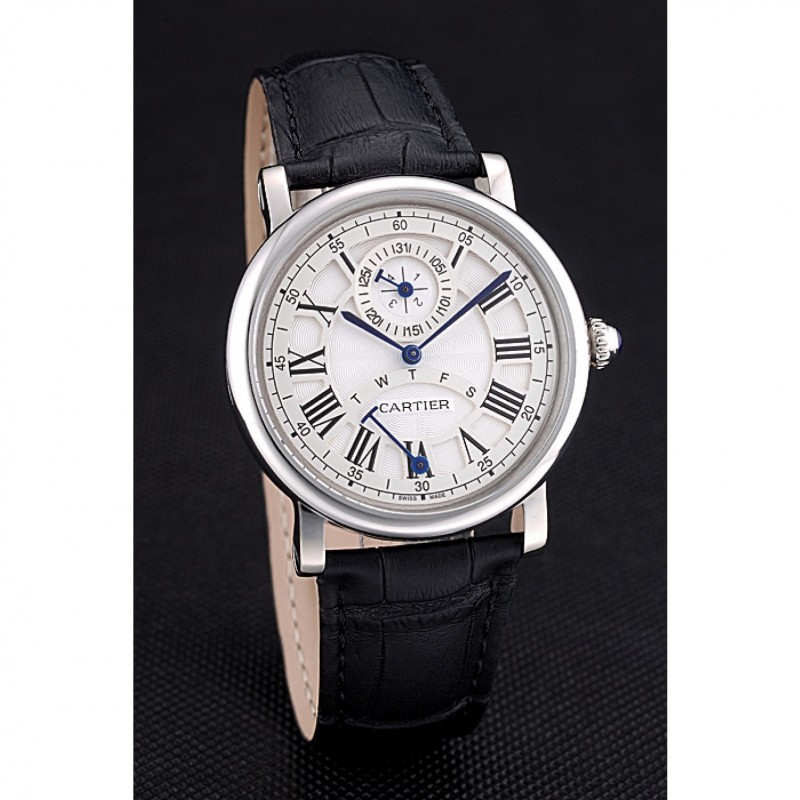 Best Replica Watches Cartier Rotonde White Dial Stainless Steel Case Black Leather Strap 622757-2