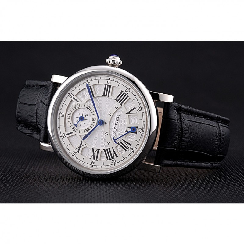 Best Replica Watches Cartier Rotonde White Dial Stainless Steel Case Black Leather Strap 622757-3