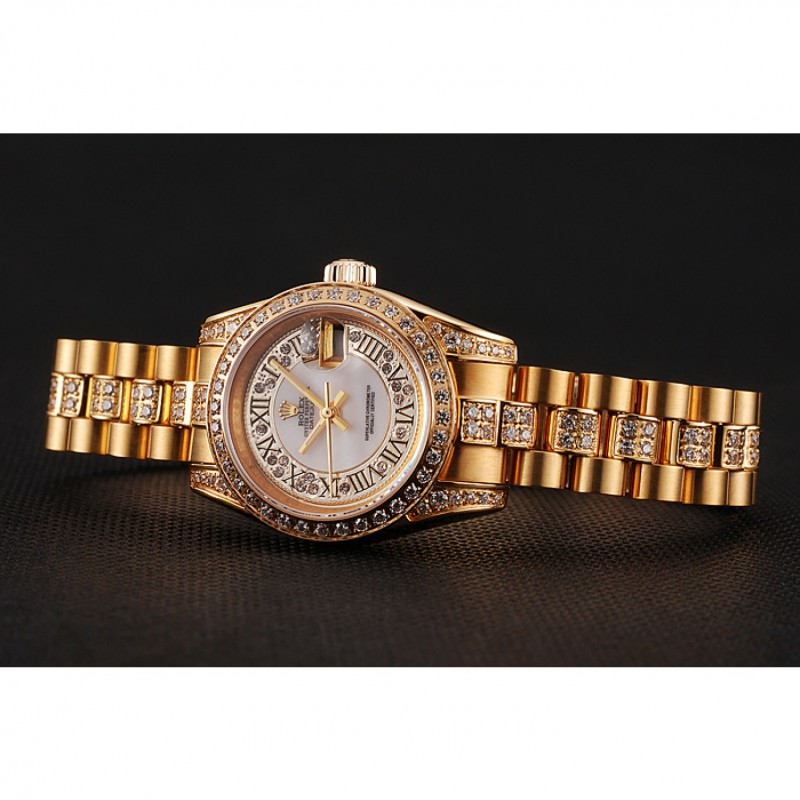 Swiss Rolex DayJust Diamond Pave White Dial Gold Diamond Bracelet 1453957-3