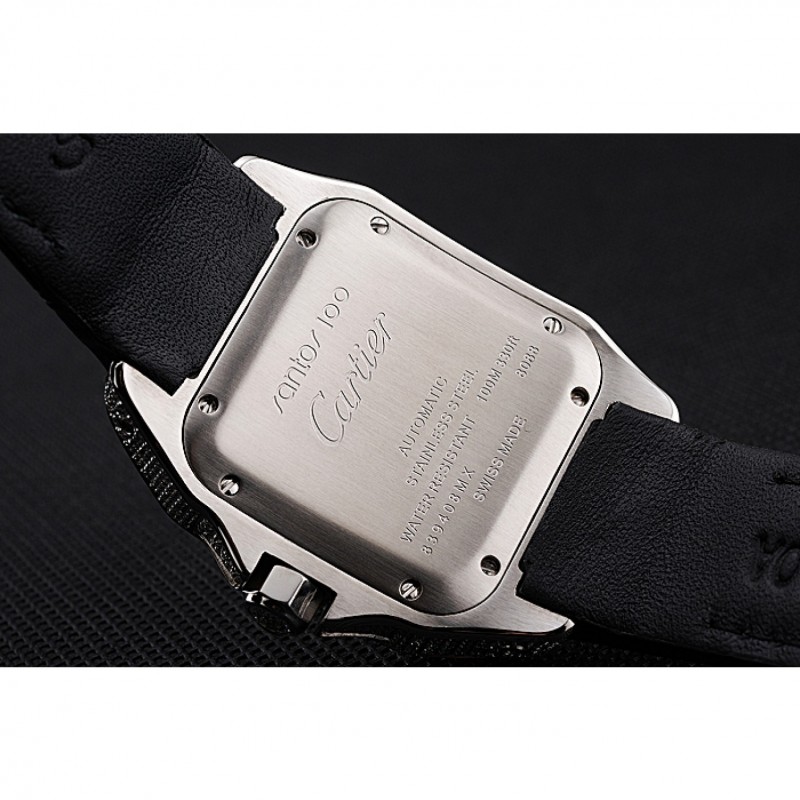 Swiss Cartier Santos Dumont Diamond Case White Dial Roman Numerals Black Leather Bracelet 622652-8