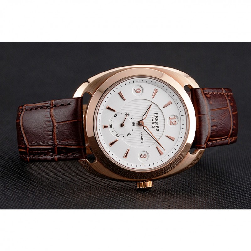 Hermes Dressage White Dial Rose Gold Case Brown Leather Strap-3