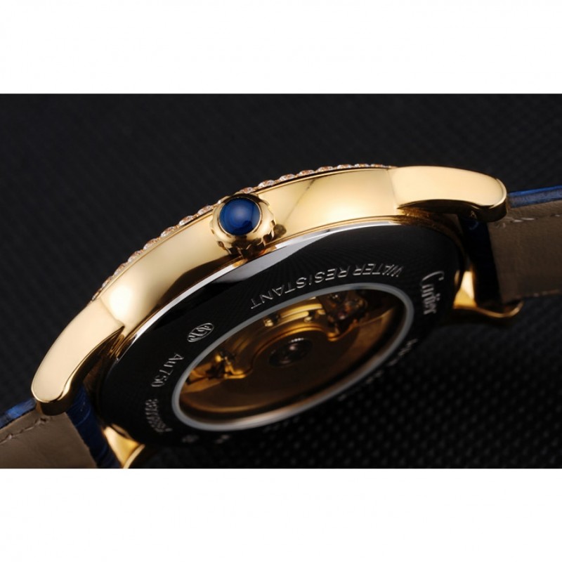 Swiss Cartier Rotonde Small Complication Blue Dial Gold Diamond Case Blue Leather Strap-7