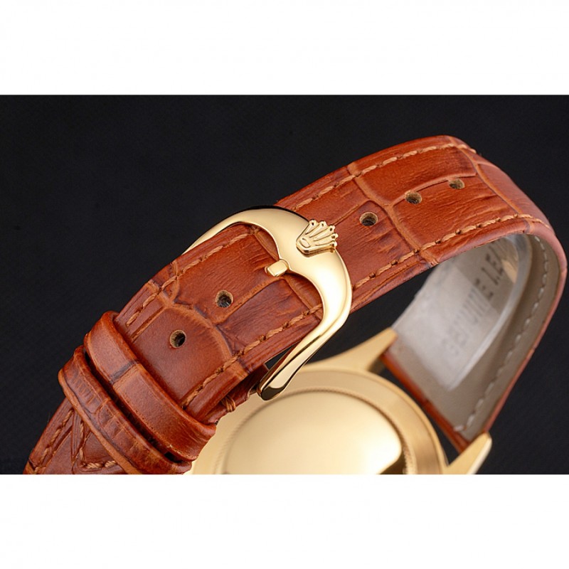 Swiss Rolex Datejust White Dial Gold Case Light Brown Leather Strap-5