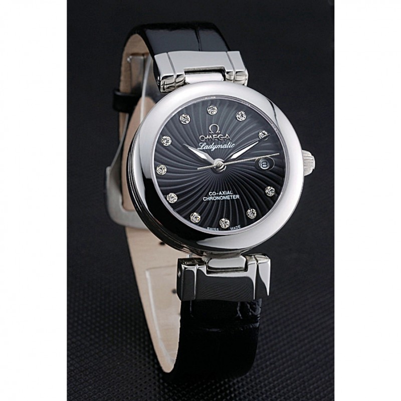 Cheap Replica Watches Omega Ladymatic Black Dial Black Leather Bracelet 622458-2