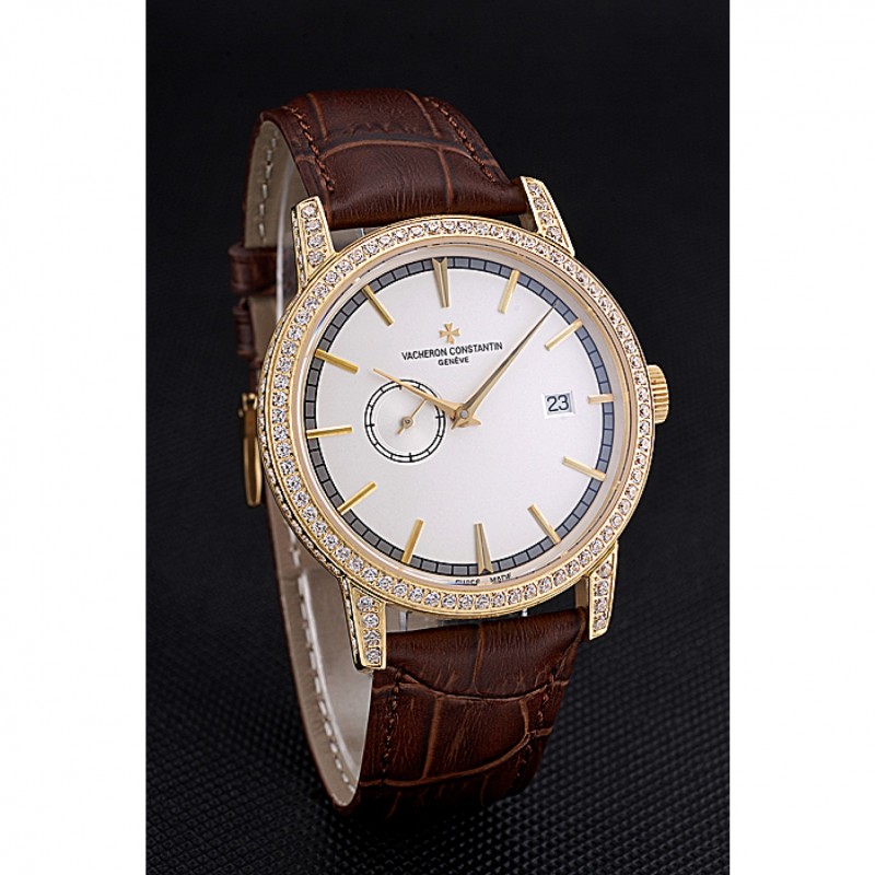 Luxury Replica Watches Swiss Vacheron Constantin Patrimony Contemporaine Gold Diamond Case White Dial Brown Leather Bracelet 622686-2