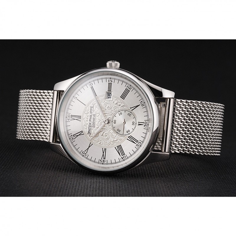Luxury Replica Watches Patek Philippe Calatrava Small Seconds Silver Engraved Dial Stainless Steel Case And Bracelet-3