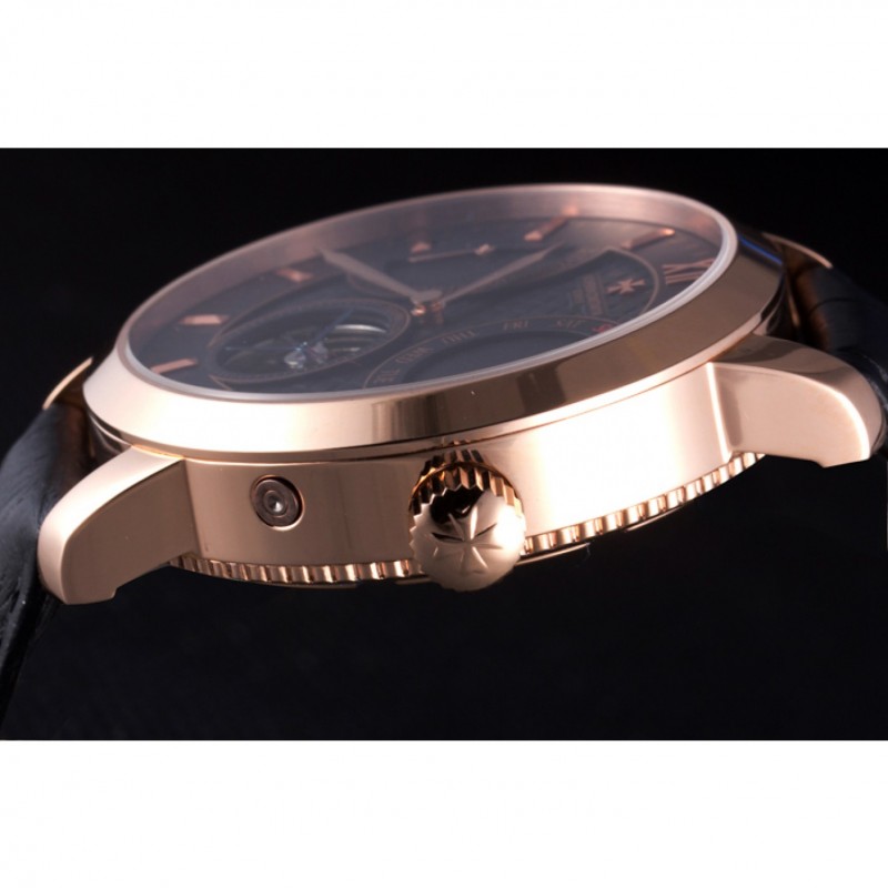 Cheap Vacheron Constantin Tourbillon Black Dial Rose Gold Case Black Leather Bracelet-5