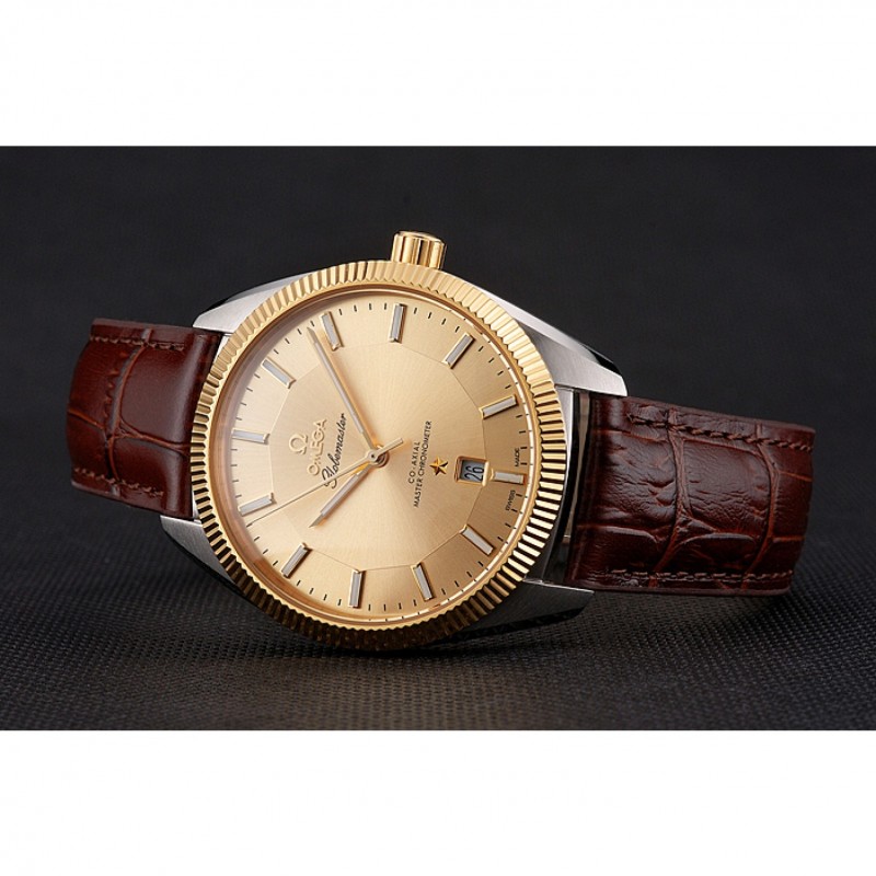 Omega Globemaster Gold Dial And Bezel Stainless Steel Case Brown Leather Strap-4